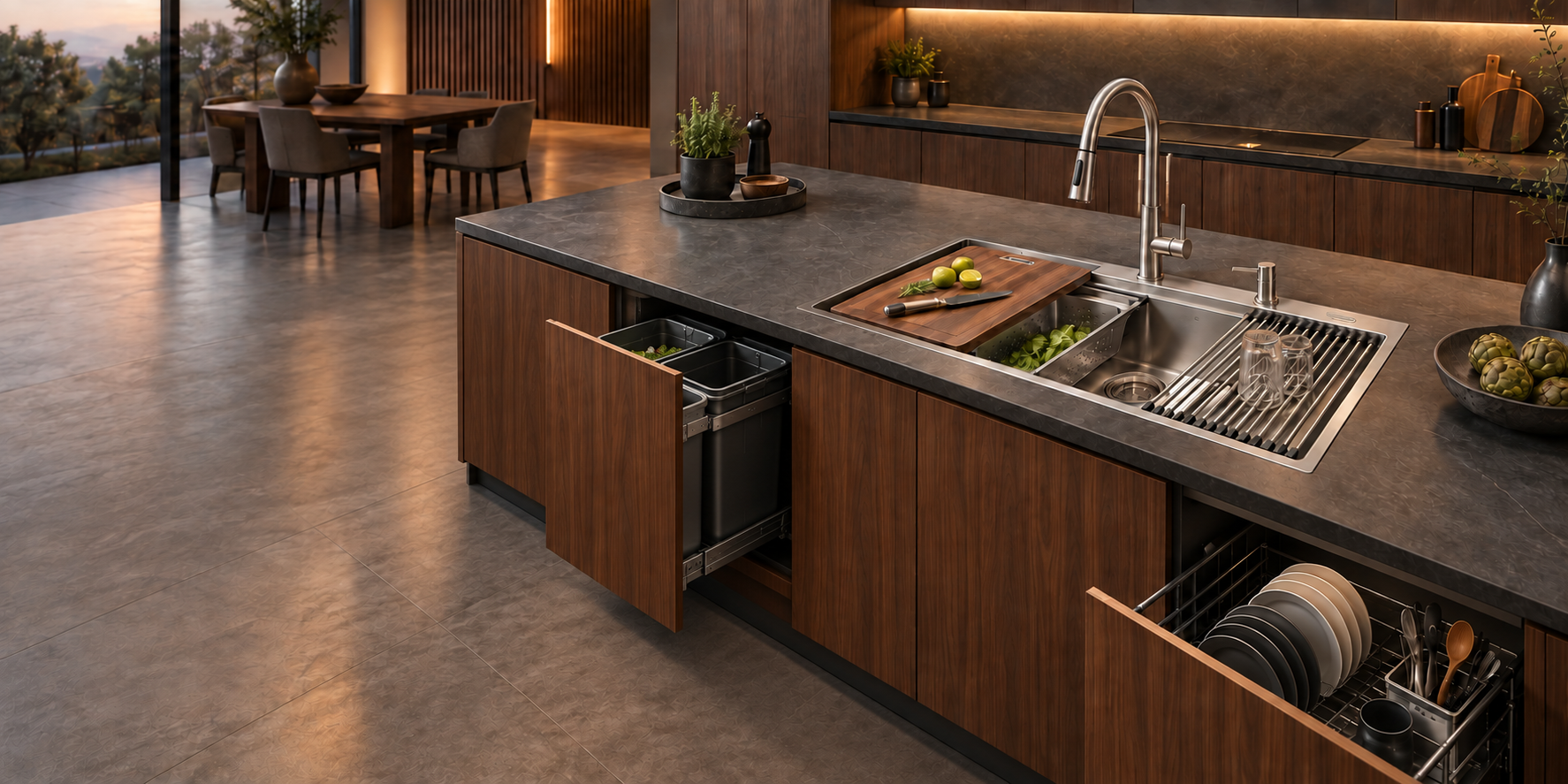 Integrated kitchen wet-zone with workstation sink, waste-bin pull-out and dish storage